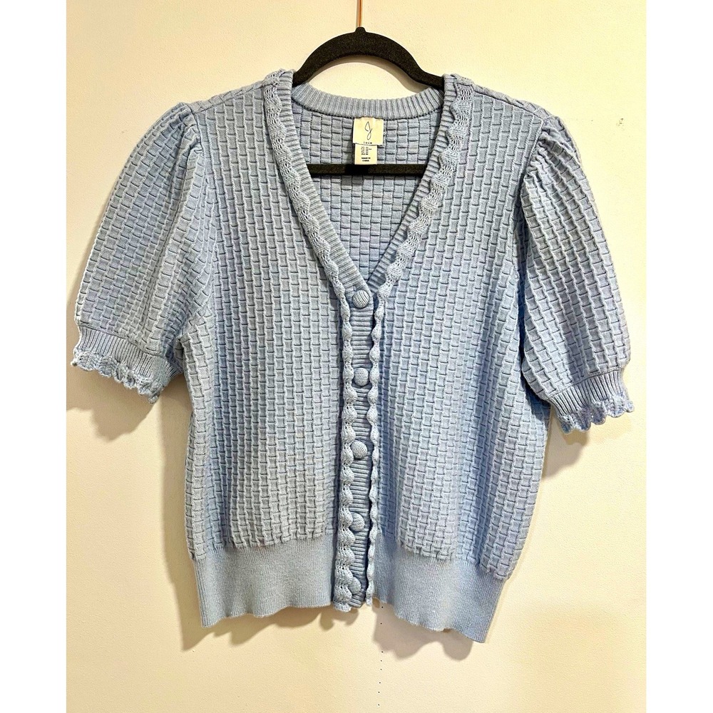 Joie Womens M Blue Waffle Knit V-Neck Button-Front Puff Sleeve Stretch Cardigan